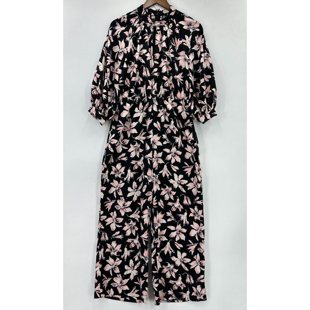 Madewell JUmpsuit Womens Medium Black Pink Tie Sleeves Floral Wide Leg